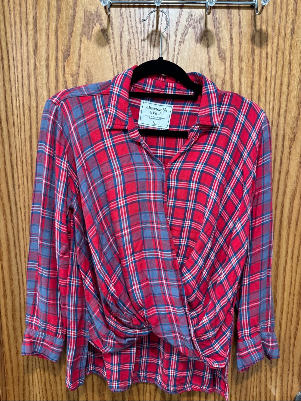 Abercrombie & Fitch Red and Blue Plaid Draped Button-Down Top